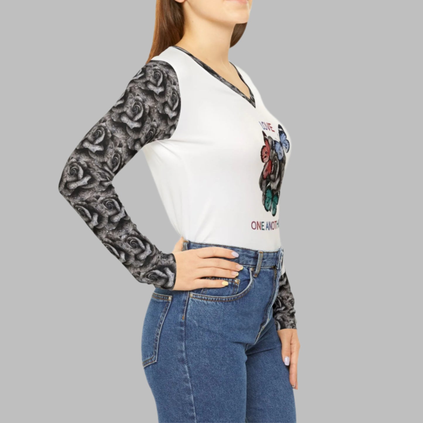 Love One Another Print with Rose and Butterflies - Women's Long Sleeve Inspirational V-neck Shirt