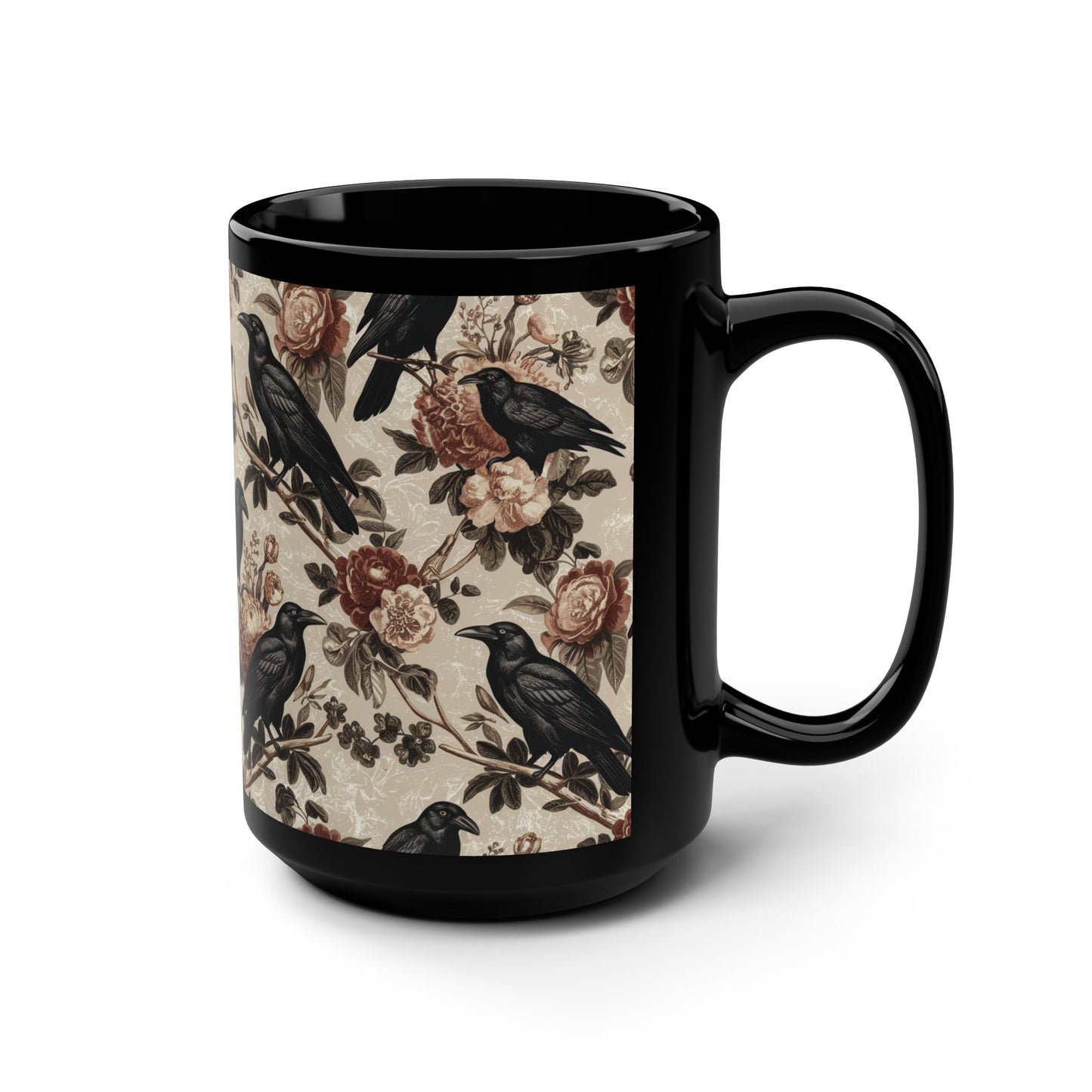 Floral Raven Mug, 15oz Black Mug, Perfect Gift for Halloween, Coffee Lovers, Home Decor, Gothic Style, Unique Present