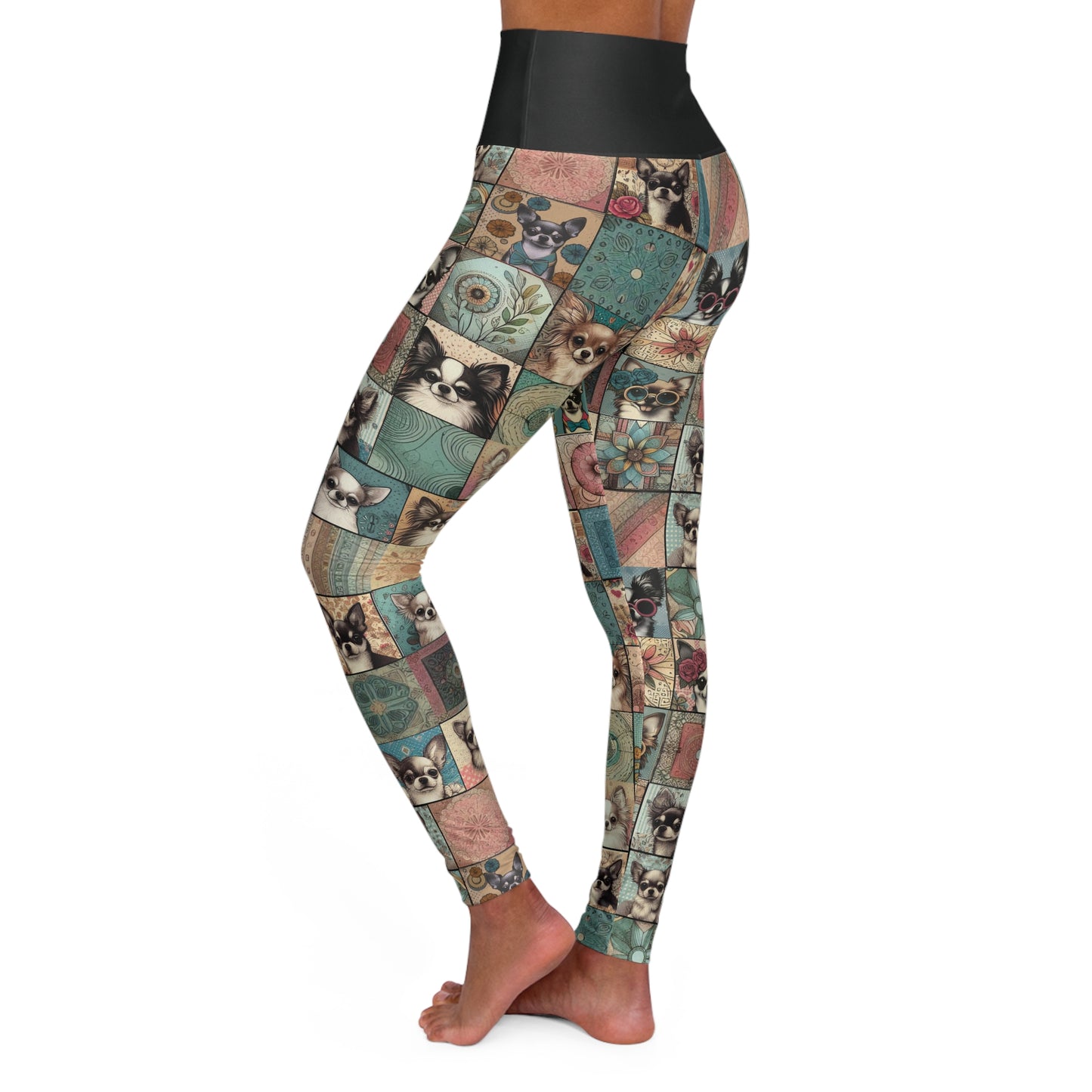 High Waisted Chihuahua Patchwork Yoga Leggings – Cute & Comfy Athleisure for Dog Lovers