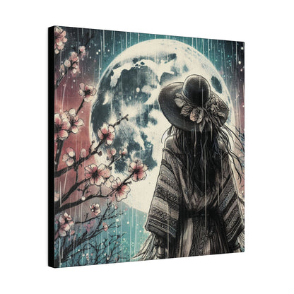 Mystical Free-Spirited Woman & Full Moon Canvas Print - Spring Cherry Blossoms, Pink and Blue Hues