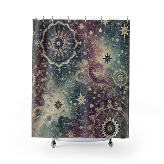 Shower Curtain - Galaxy with Vintage Stars in Purple and Teal