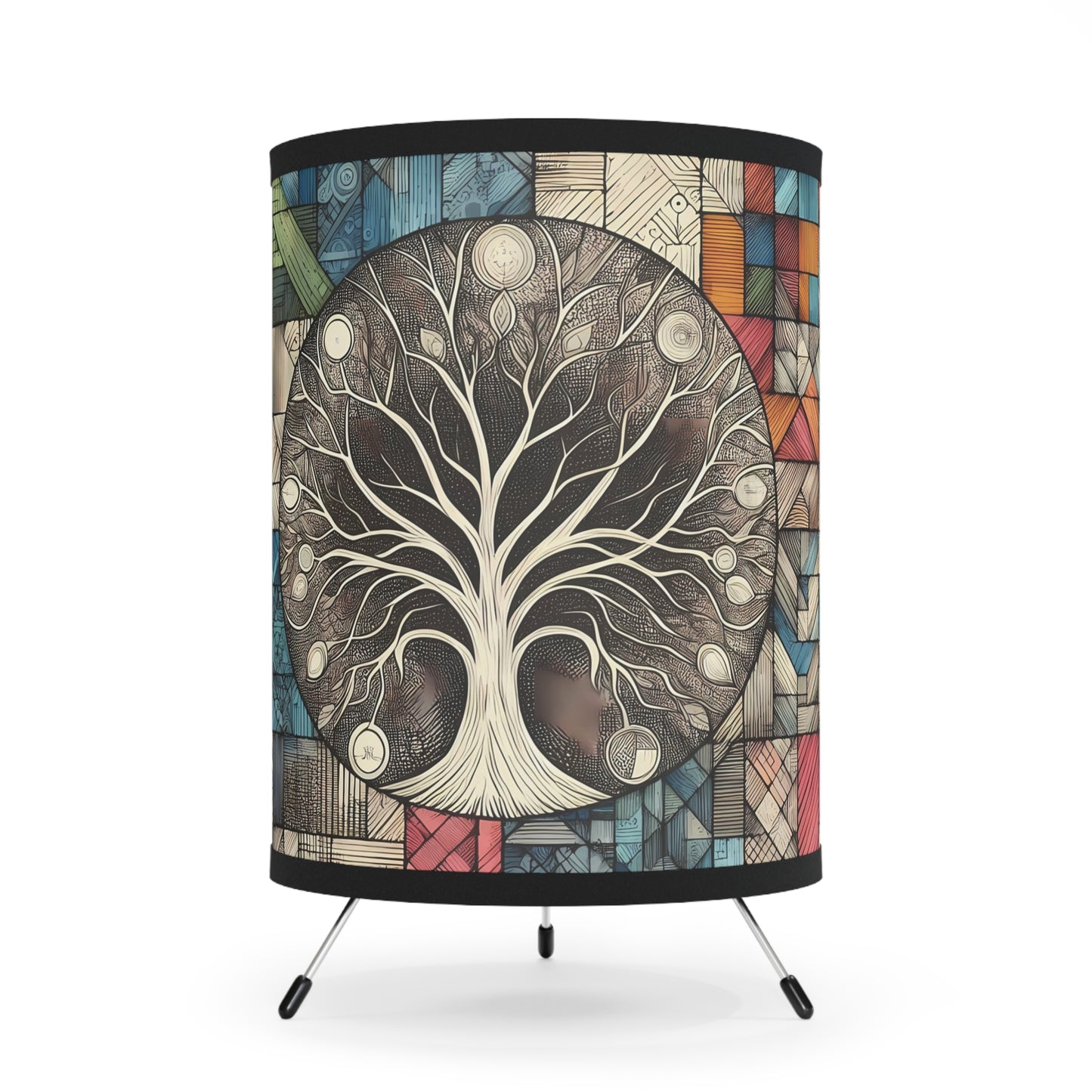 Tree of Life Patchwork Tripod Lamp - Soft Light Table or Desk Lamp with Sketched Tree Surrounded by Rainbow Colors