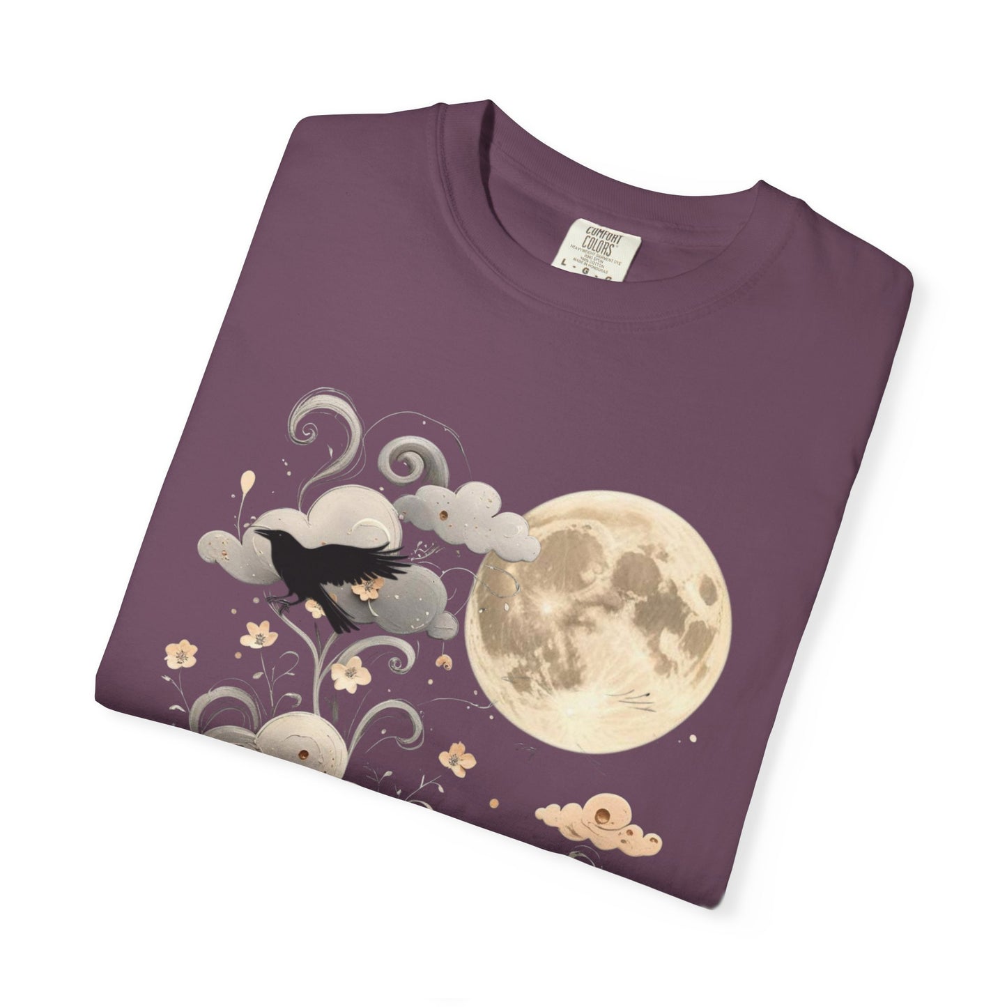 Moonlit Crow Comfort Colors T-Shirt, Halloween Mystical Raven Shirt, Dark Nature Art Tee, Cloud and Moon Graphic, Soft Cotton Witchy T-Shirt