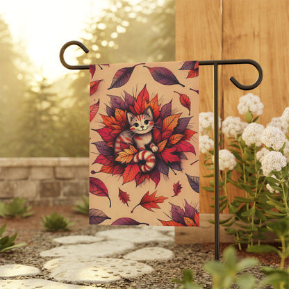 Porch or Yard Flag / Garden Banner - Whimsical Autumn Kitty in Leaves