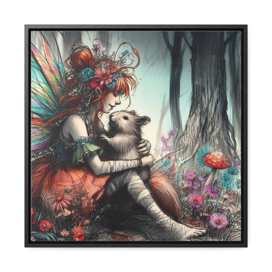 Whimsical Fairy Embracing Critter, Cottage Core Art, Gallery-Wrapped Canvas - Fantasy Decor for Child's Room or Nursery