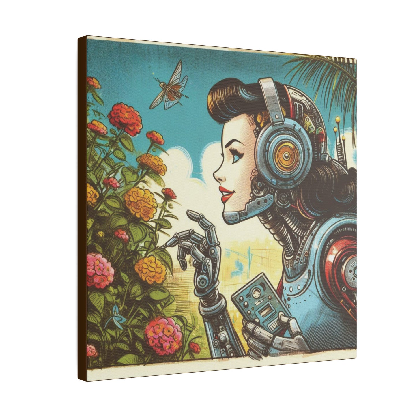 Canvas Print - Retro-Futuristic Female Robot Admiring Flowers, Graphic Novel Style Design, 60s 70s 80s Film Inspired