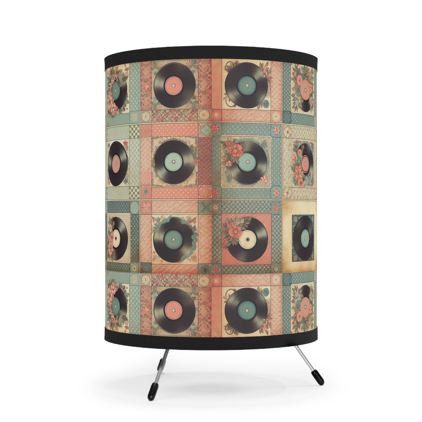 Retro Patchwork Tripod Lamp - 50s & 60s Inspired Design - Vintage-Style Table Lamp with Galvanized Steel Base