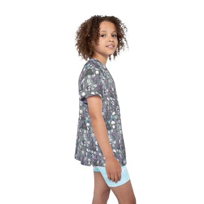 Youth Jersey Style Top - Woodland Mushrooms & Purple Florals, Enchanting Nature-Inspired Playwear