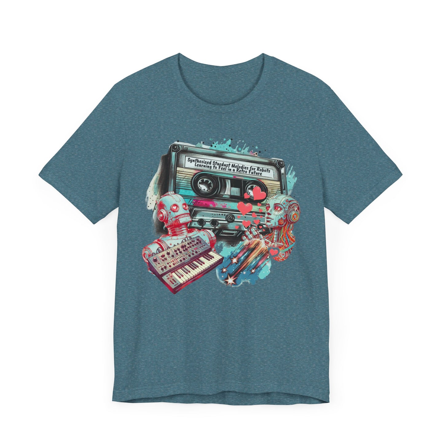 Mixtape T-Shirt - "Synthesized Stardust Melodies" Collage, Unisex Tee with Retro Cassette Tape Design, Great Gift for Music Lovers