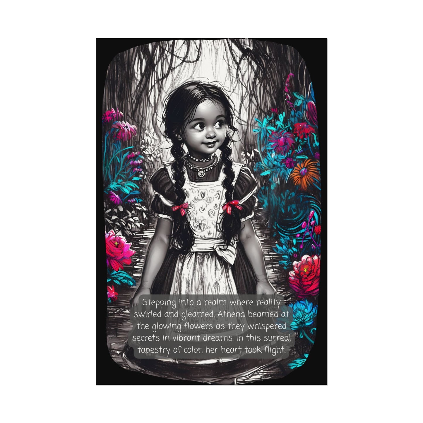 Textured Watercolor Matte Poster - Young Girl Steps into a Magical, Vibrant Wonderland