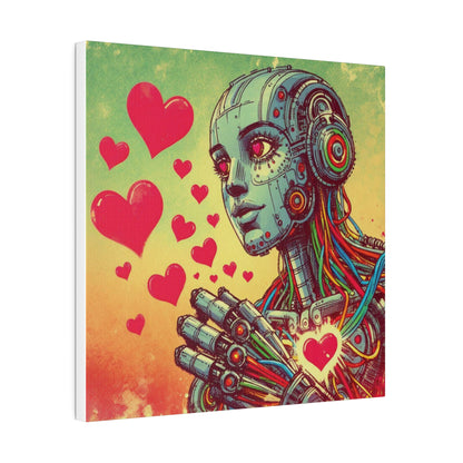 Retro-Futuristic Robot Love Matte Canvas – Graphic Novel Style Sketch, Vibrant Wall Art