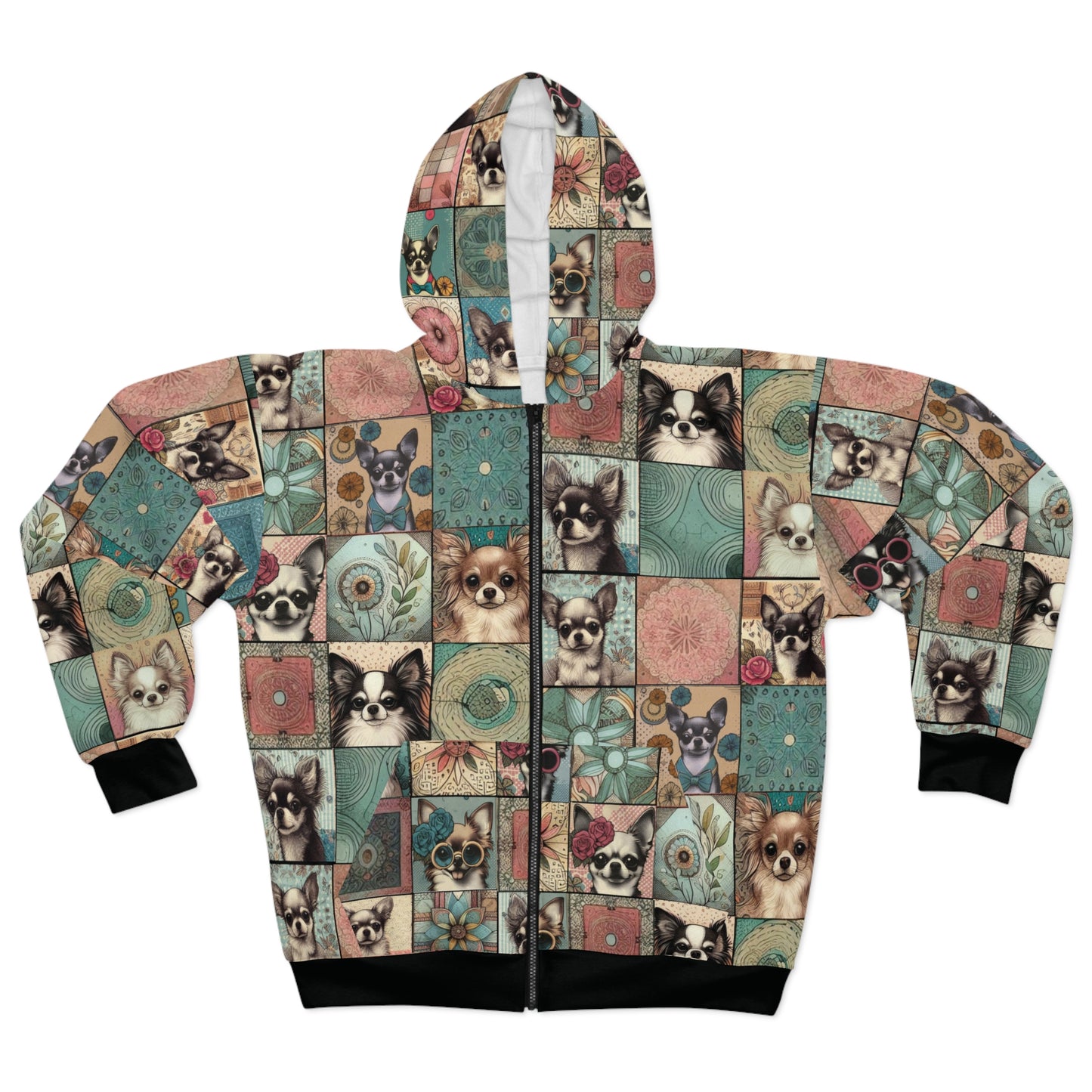 Retro Boho Chihuahua Patchwork Zip Hoodie – Cozy Fleece Jacket for Dog Lovers