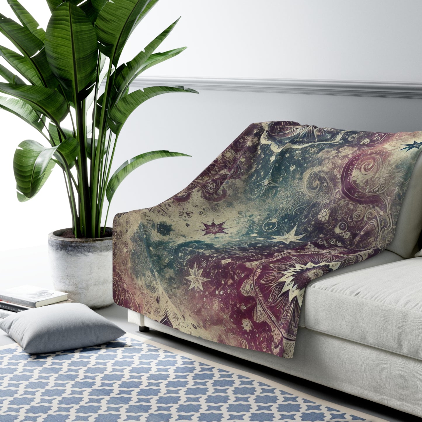 Sherpa Fleece Blanket - Galaxy with Vintage Stars in Purple and Teal