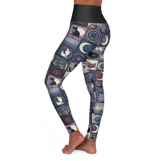 High Waisted 'Cats, Books, & Moons' Patchwork Yoga Leggings – Cute & Comfy Athleisure for Bookworm Feline Lovers