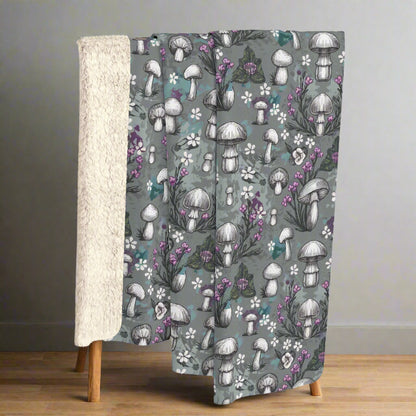 Sherpa Fleece Blanket -  Woodland Mushrooms & Purple Florals, Enchanted Cozy Cottagecore Vibes