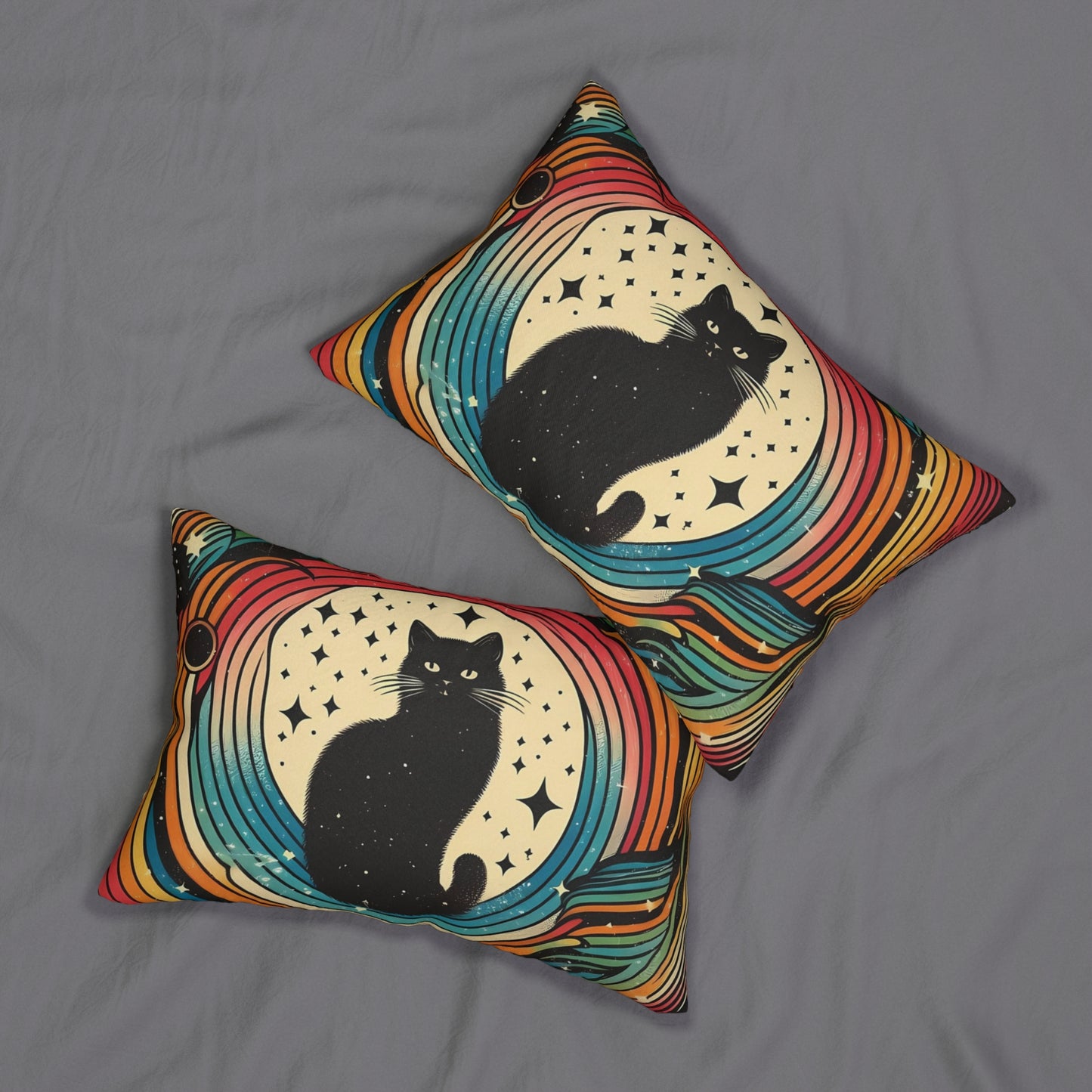 Lumbar Pillow - Black Kitty Retro Rainbow Swirl