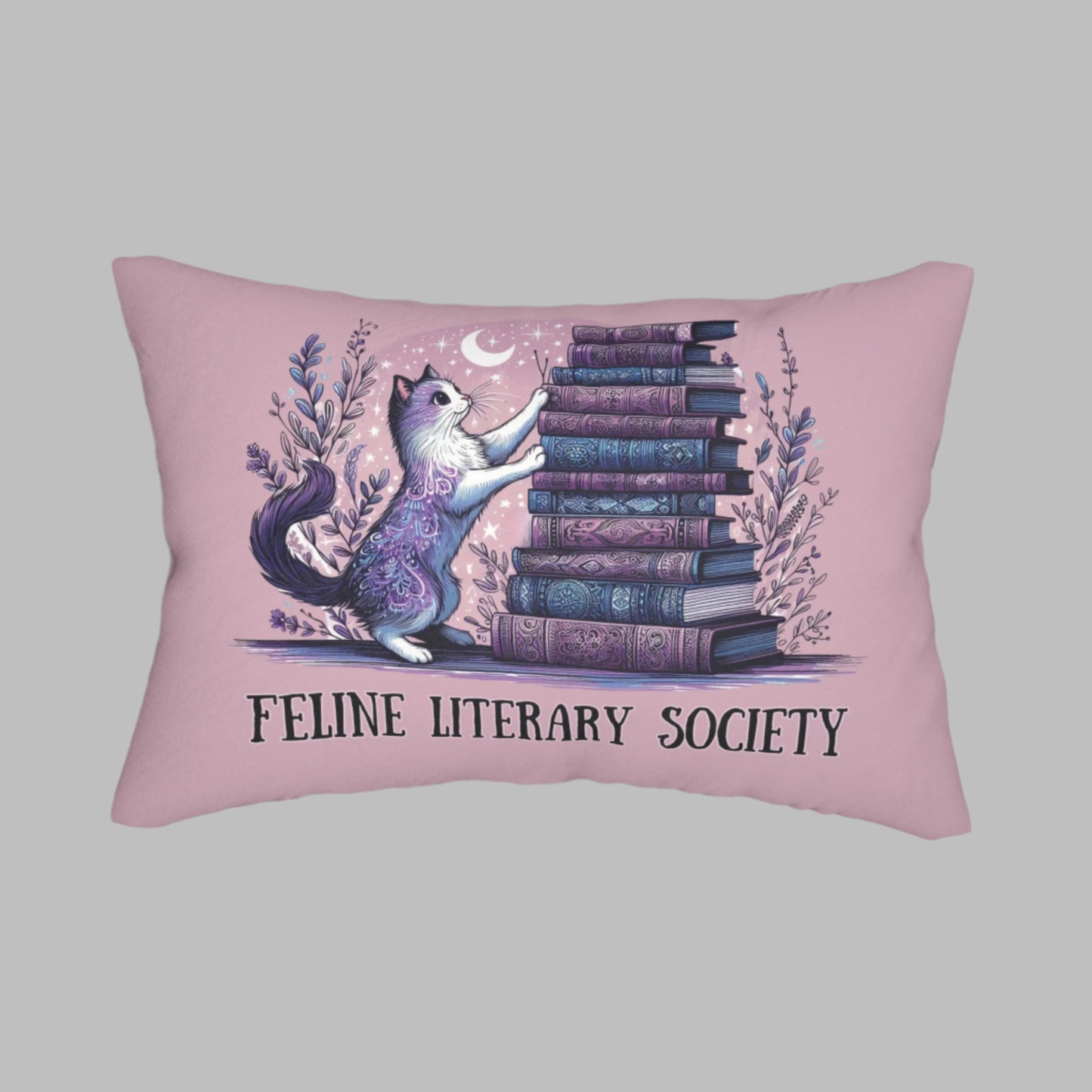 Lumbar Pillow - "Feline Literary Society" Whimsical Book Loving Cat