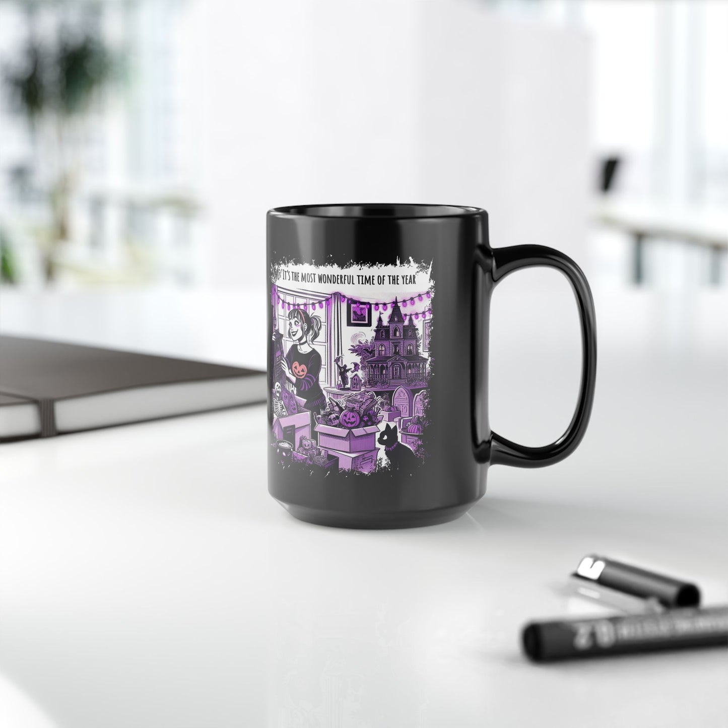 Funny Halloween Mug, 15ox Black Mug with a Halloween Over-Enthusiast Thinking, "Its the Most Wonderful Time of the Year"