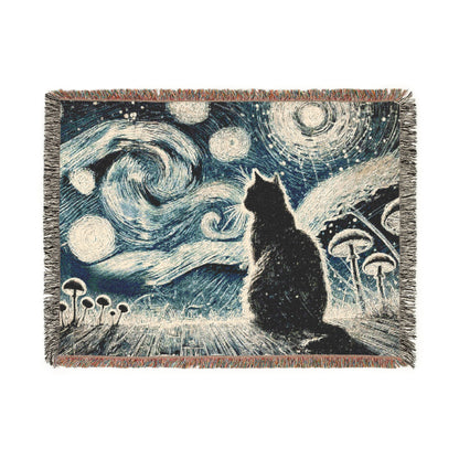 Woven Blanket - Enchanted Night with Black Cat and Whimsical Clouds