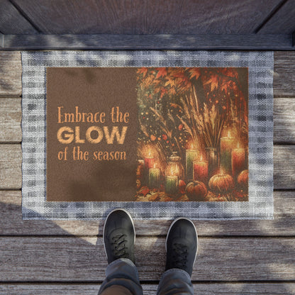 Glow of the Season Autumn Doormat - Fall Leaves, Pumpkins & Candlelight - Serene Outdoor Mat for Fall Decor