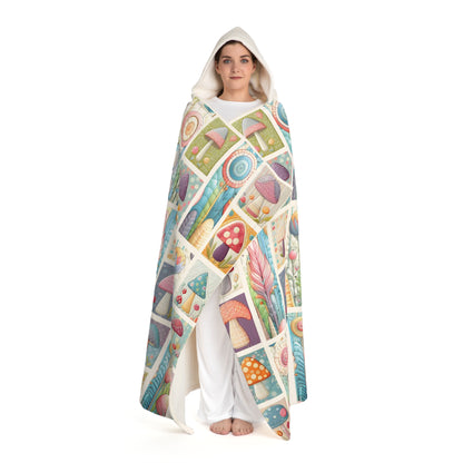 Sherpa Hooded Blanket - Whimsical Pastel Mushroom and Flower Patchwork Design | Fairycore Aesthetic