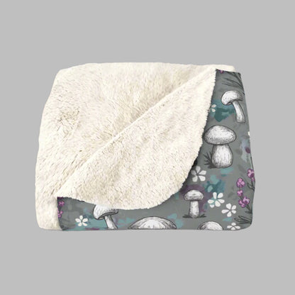 Sherpa Fleece Blanket -  Woodland Mushrooms & Purple Florals, Enchanted Cozy Cottagecore Vibes