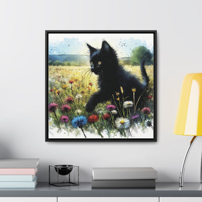 Black Cat Playing in Meadow Gallery-Wrapped Canvas - Cat Lover Gift, Decor for Child's Room or Nursery, Storybook Style Art