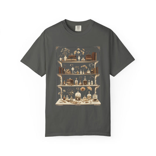 Apothecary Shelf T-Shirt - Vintage Books, Bottles & Botanicals on Comfort Colors Garment Dyed Unisex Tee, Witchy Halloween Aesthetic