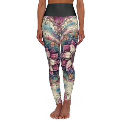 High Waisted Yoga Leggings - Boho Floral Mandala with Pink, Blue, and Cream, XS-2XL