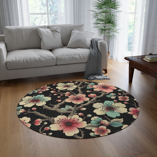 Round 60" x 60" Rug - Retro Cherry Blossoms Over Black