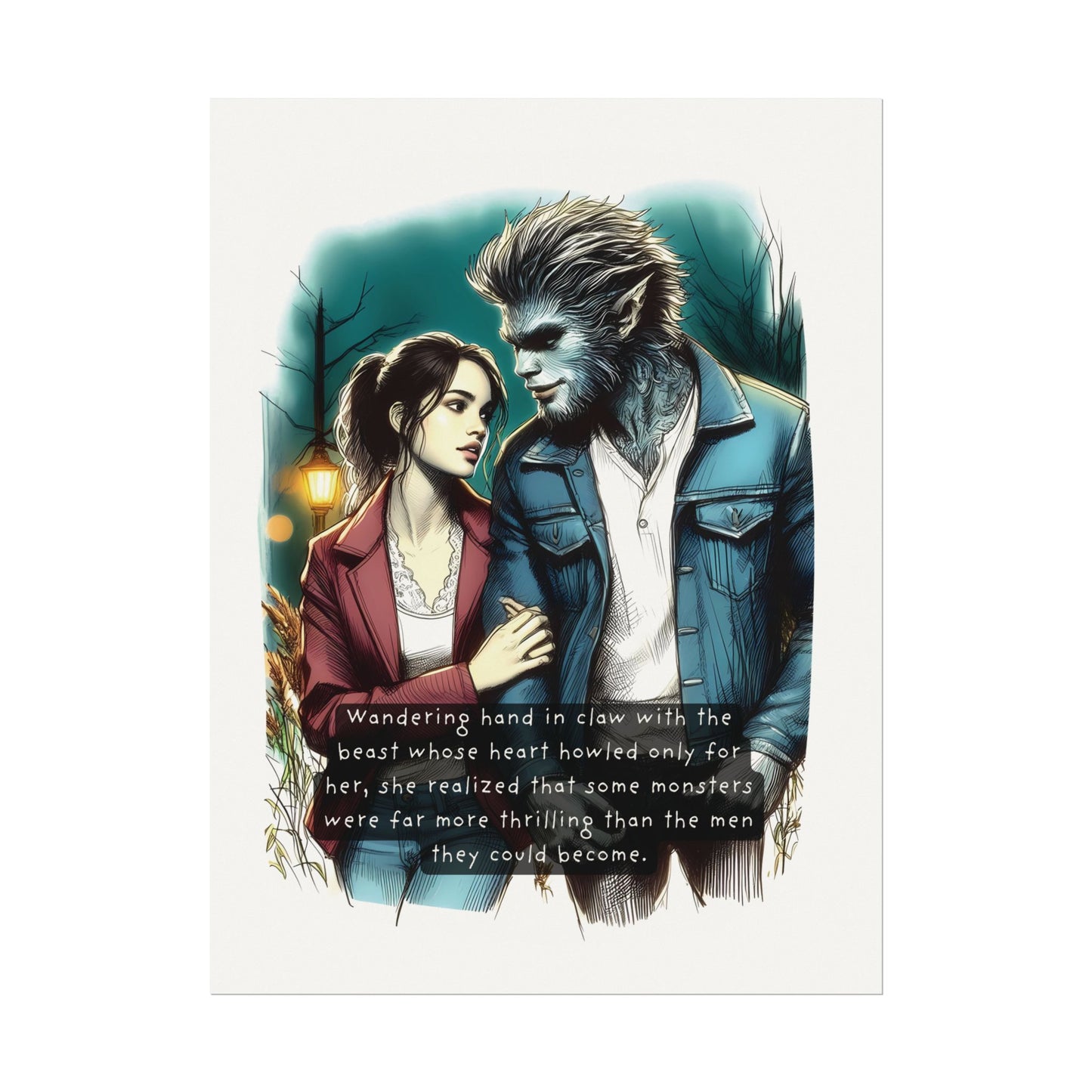 Stroll with a Teenage Werewolf (Beautiful Monsters Collection) - Textured Watercolor Matte Poster