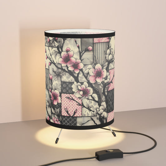 Cherry Blossom Patchwork Table Lamp - Pink and Black Floral Design with Tripod Base, Soft Lighting - Great for Office, Living Room, Nursery