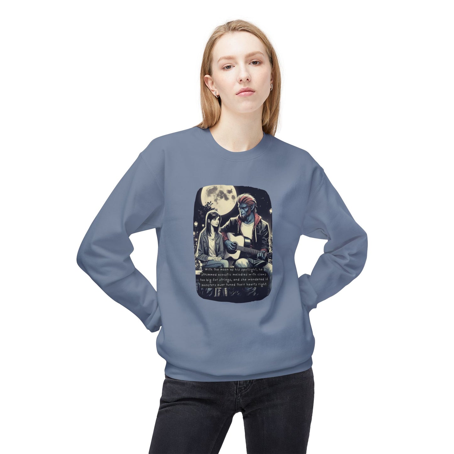 Tune Under the Moon (Beautiful Monsters Collection) - Unisex Midweight Softstyle Fleece Crewneck Sweatshirt, Multiple Colors Available