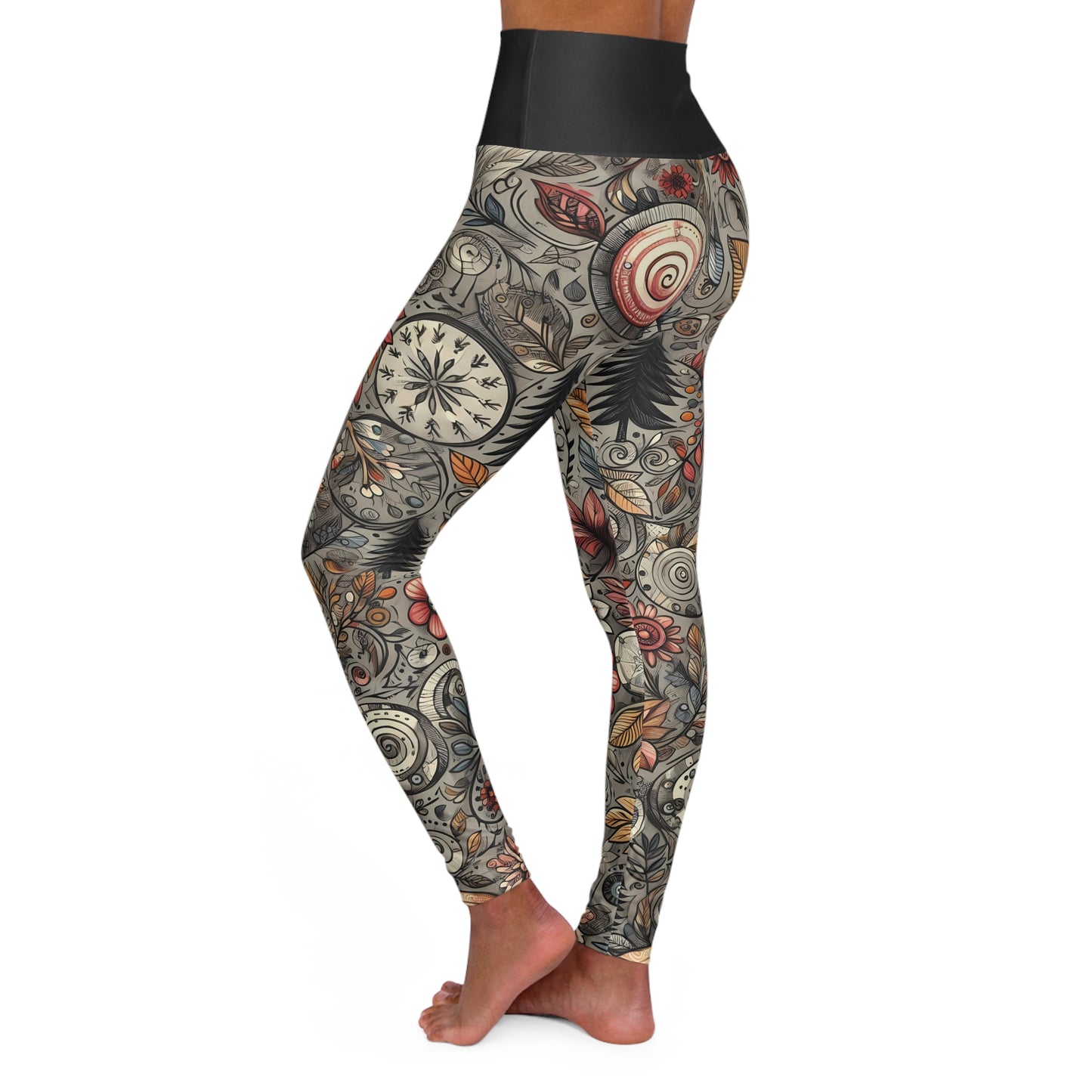 High Waisted Fall Yoga Leggings - Sketched Autumn Forest, XS-2XL