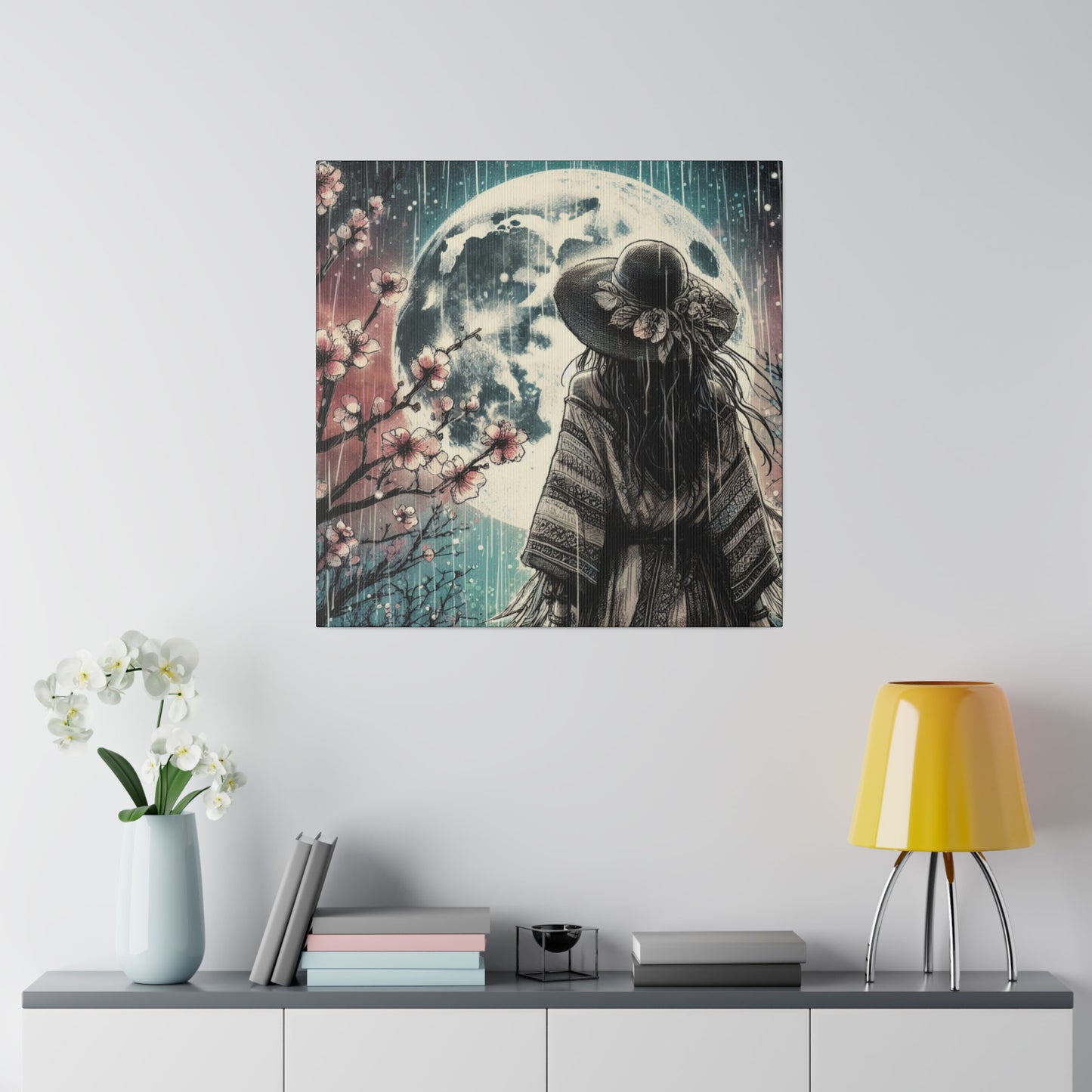 Mystical Free-Spirited Woman & Full Moon Canvas Print - Spring Cherry Blossoms, Pink and Blue Hues