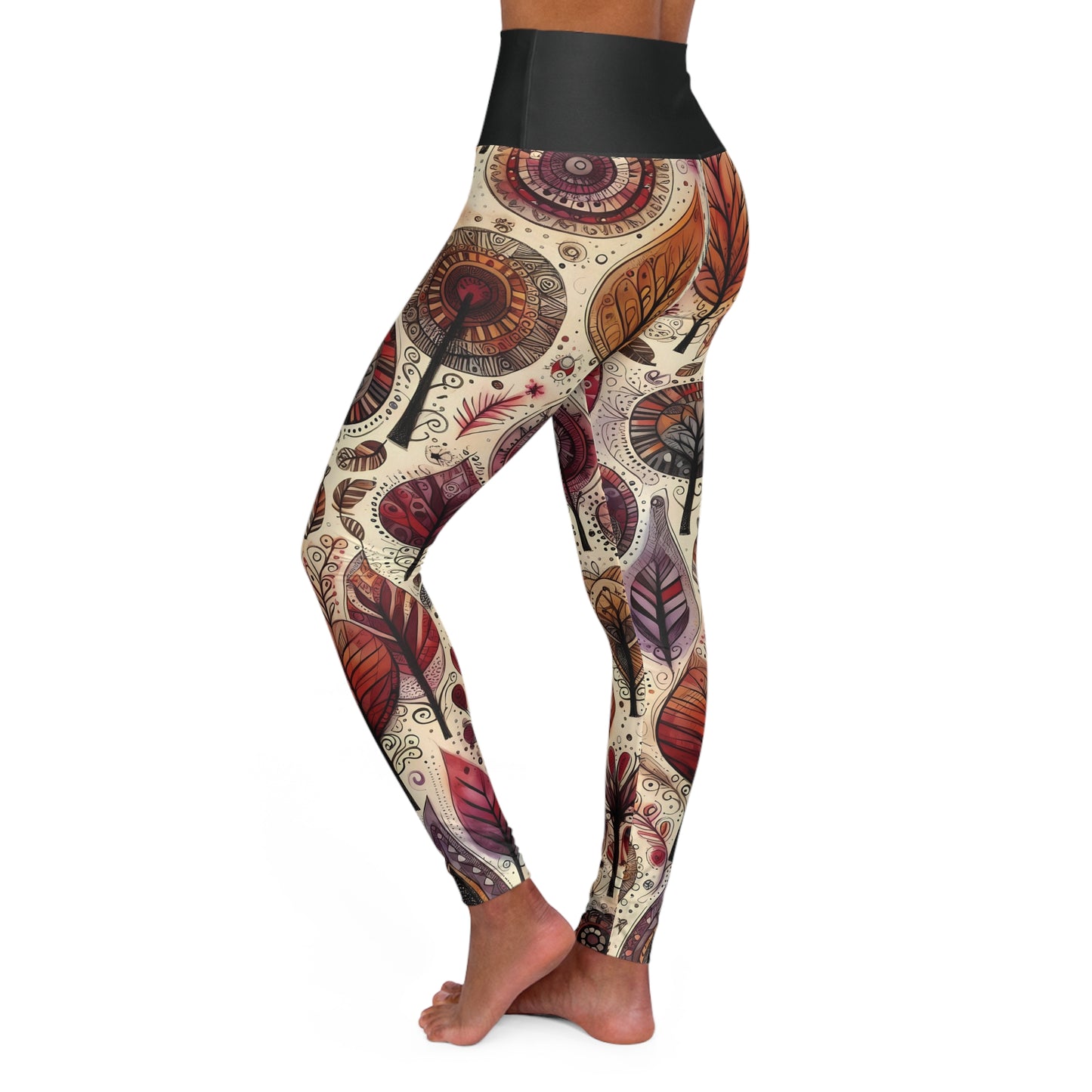 High Waisted Fall Yoga Leggings - Boho Autumn Leaves and Trees, XS-2XL