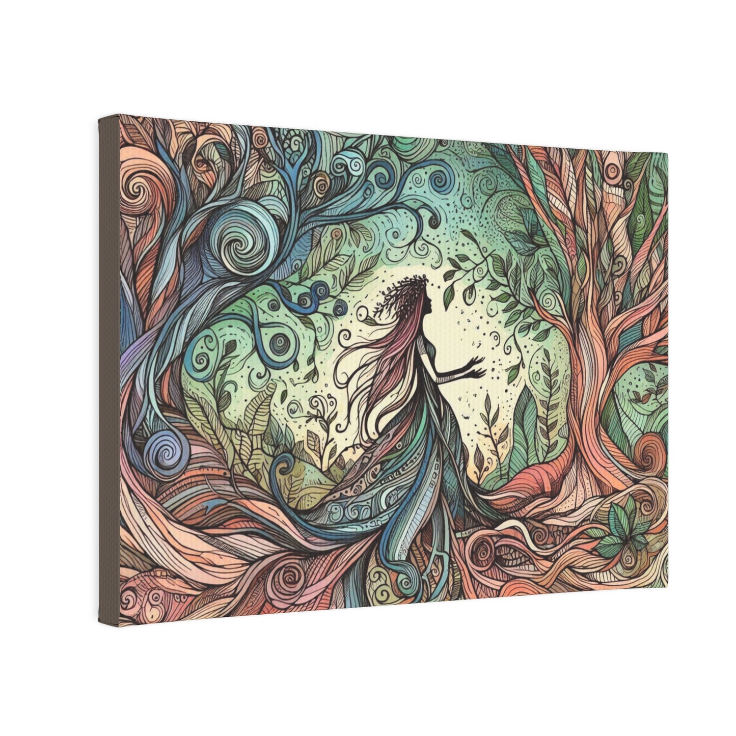 Canvas Sticky Tile - Surreal Forest Goddess Silhouette with Colorful Windy Roots