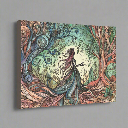 Canvas Sticky Tile - 7x5" Surreal Forest Goddess Silhouette with Colorful Windy Roots, Great for Gallery Sets