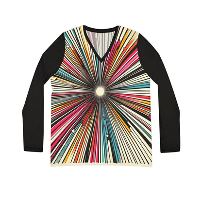 Retro Starburst Long Sleeve Shirt, 80s Style V-Neck Women's Tee, Rainbow Hues, Colorful Whimsical Design, Lightweight Layering Top