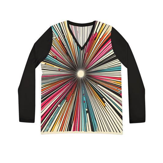 Women's Long Sleeve V-Neck Top - Comic Book Sunburst with Rainbow Hues, Colorful Whimsical Design