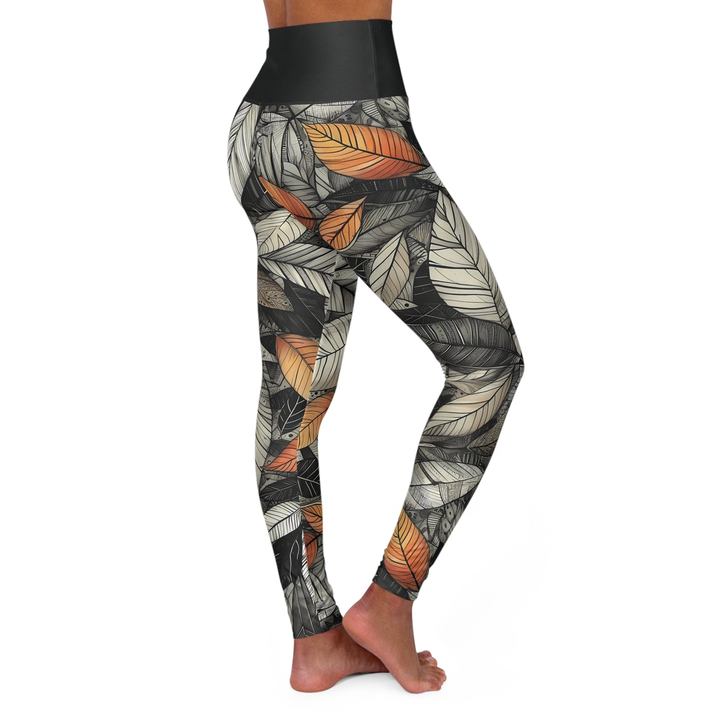 High Waisted Fall Yoga Leggings - Sketched Autumn Leaves, XS-2XL