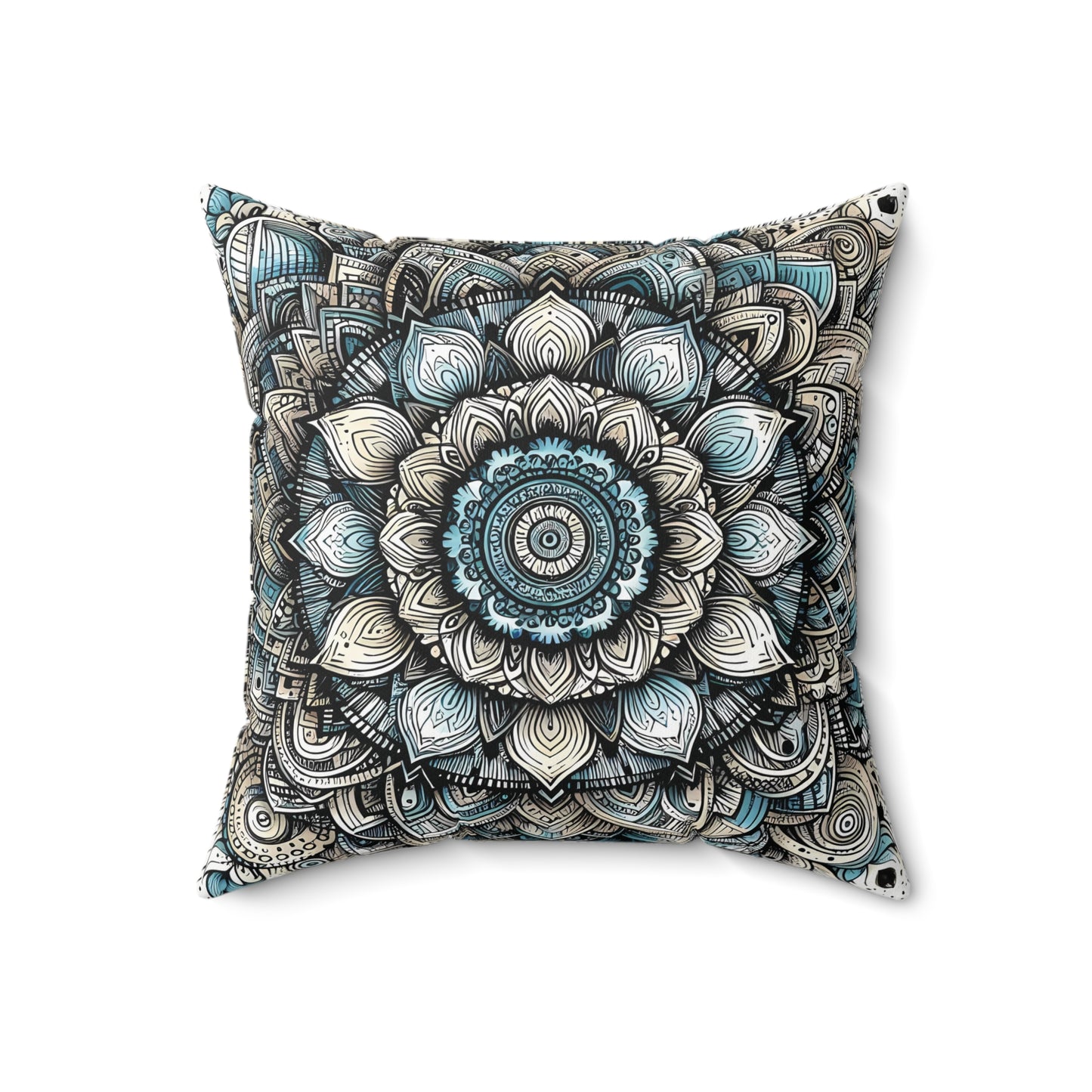 Square Faux Suede Pillow - Boho Floral Mandala, Turquoise and Black Tones (Cover + Pillow Included)