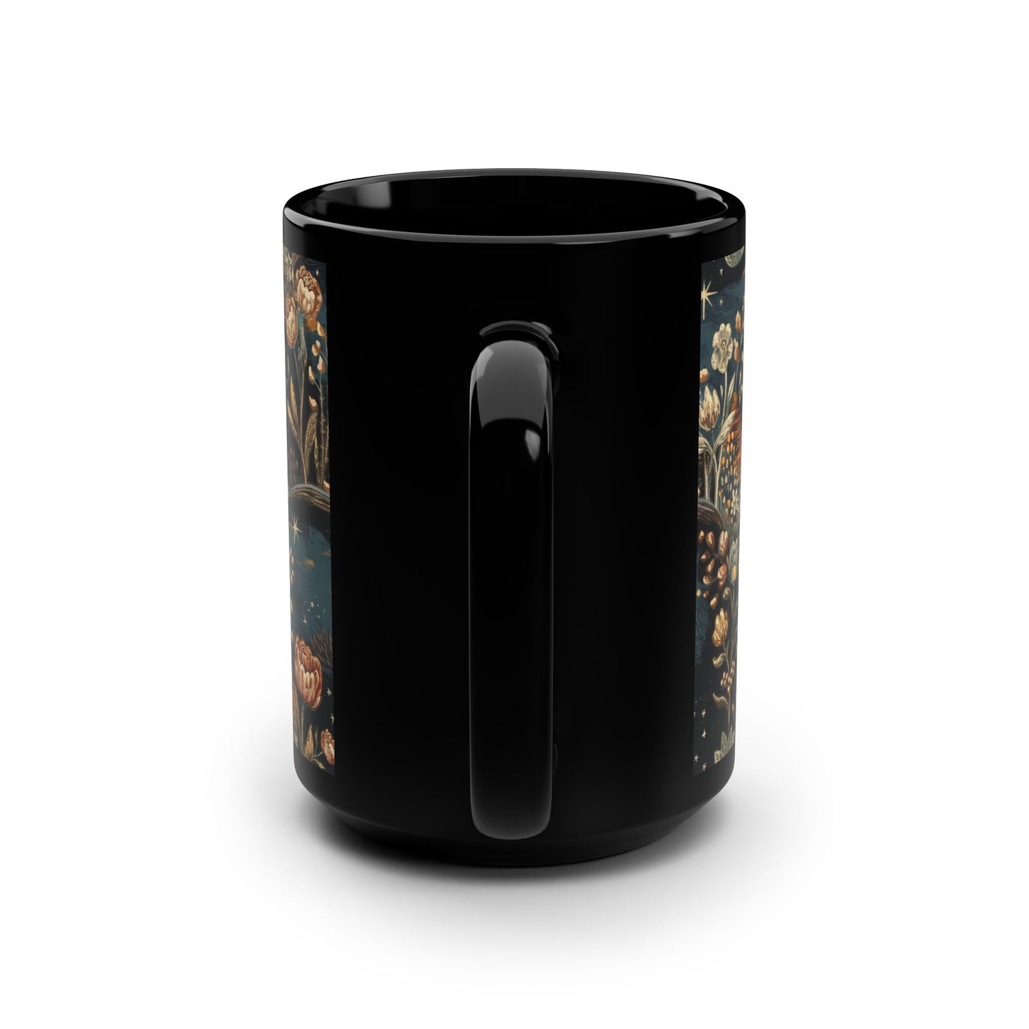 Floral Night Sky Mug, Cozy Coffee Cup, Gift for Nature Lovers, Boho Kitchen Decor, Tea Time Essential, 15oz Black Ceramic