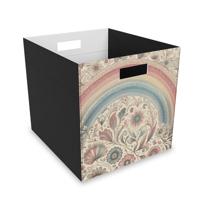 'Granny Chic' Decorative Felt Storage Box - Retro Rainbow and Floral Design  - 14.5" × 13" - For Shelf Organizer or Standalone