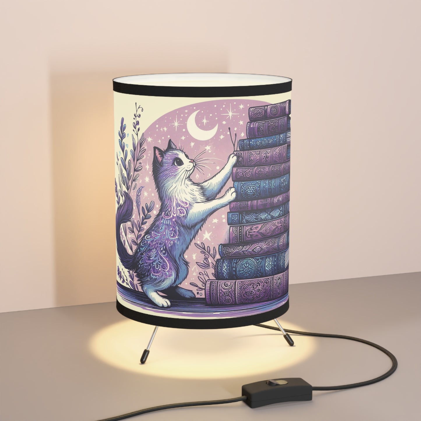 Tripod Table Lamp - Whimsical Book Loving Cat