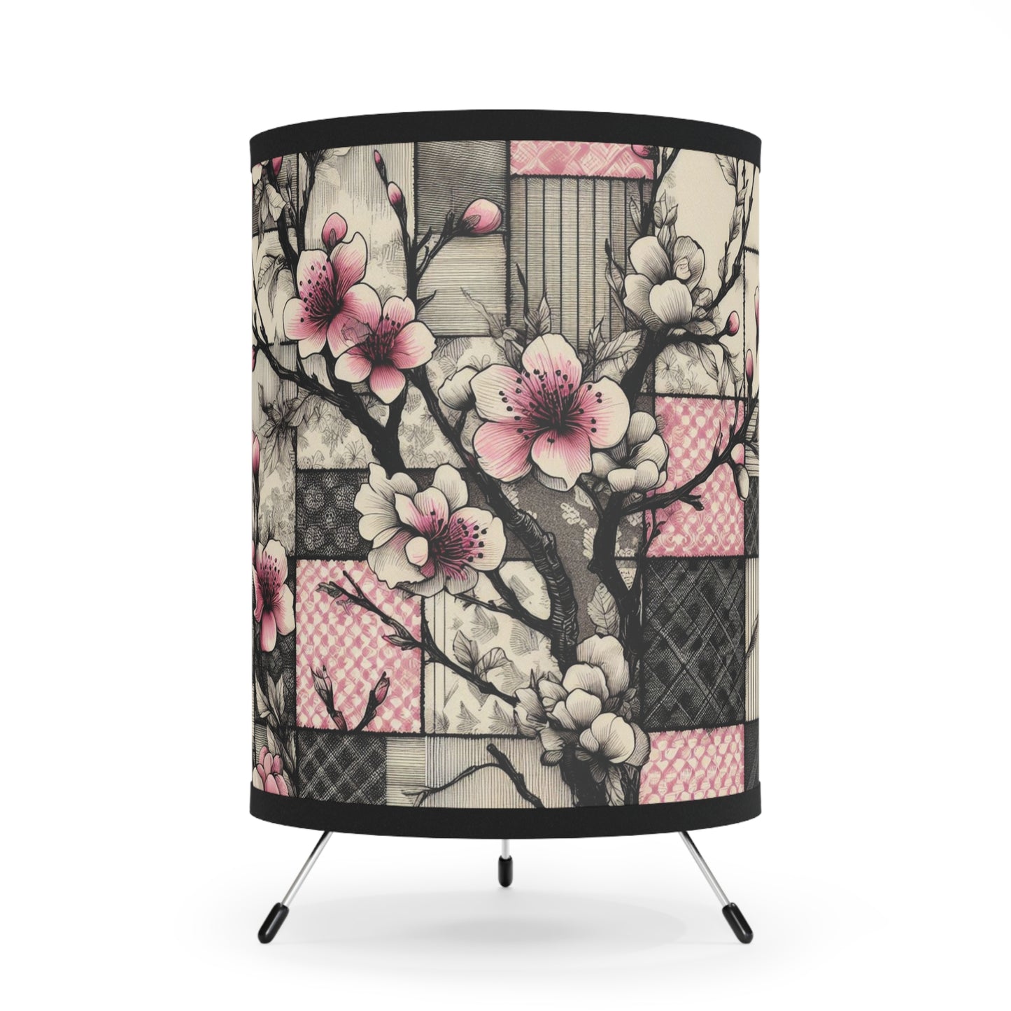 Cherry Blossom Patchwork Table Lamp - Pink and Black Floral Design with Tripod Base, Soft Lighting - Great for Office, Living Room, Nursery