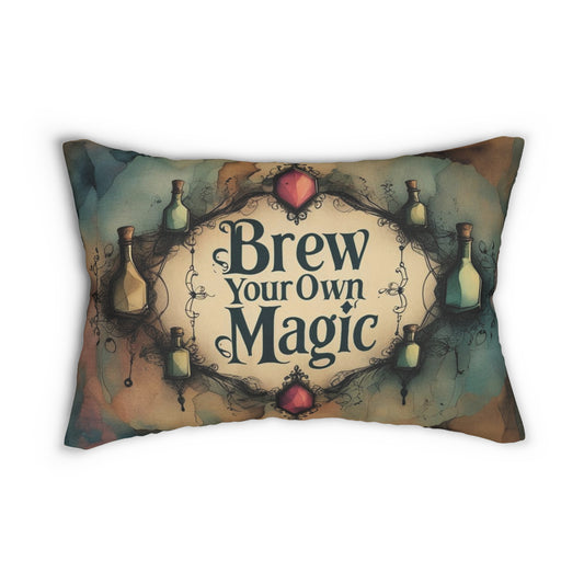 Brew Your Own Magic Lumbar Pillow, Gothic Apothecary Cushion, Dark Fairytale Quote Home Decor, 20x14 Throw Pillow