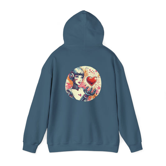 Unisex Hoodie, Quirky Retro-Futuristic Female Robot with Heart