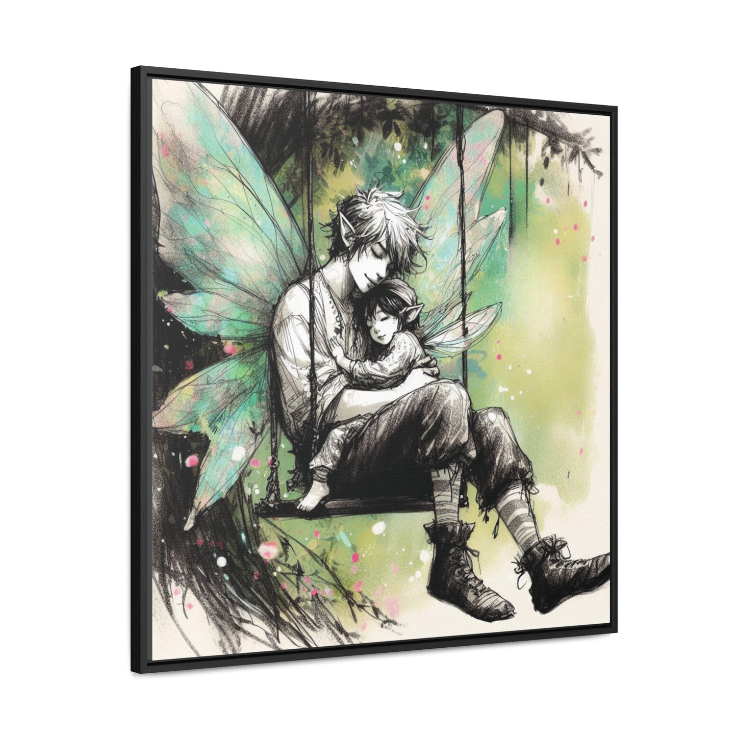 Father Fairy with Daughter on Swing, Gallery Wrapped Canvas Print - Sweet Fatherly Bond Wall Art for Nurseries or Child's Bedroom