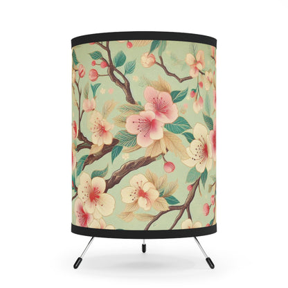 Vintage Green Tripod Lamp with Retro Cherry Blossom Design - Grandma Chic Accent Lamp for Cozy Living Spaces